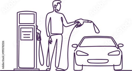 Person fueling a car at a gas station, minimalist single line illustration with single stroke, single line art
