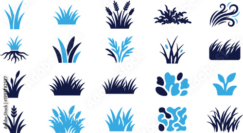 Grass and plant icons nature elements detailed foliage and vegetation symbols vector collection.