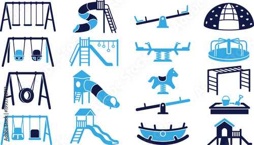 Collection of playground equipment icons and symbols in blue and navy colors for outdoor recreation.