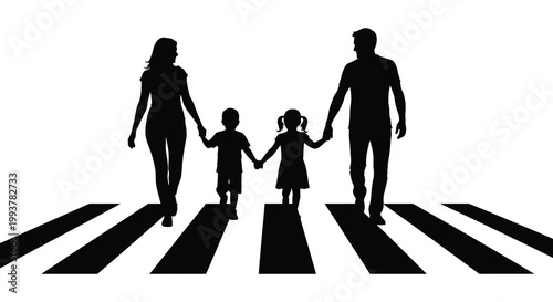 A family of four crosses a zebra crossing depicted as a striking black silhouette high quality professional detailed modern elegant stylish