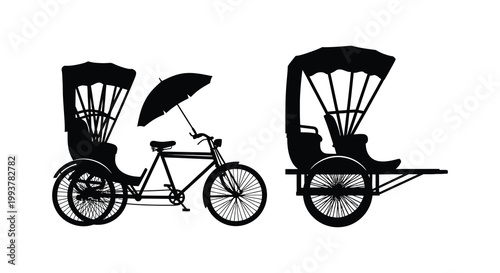 Two vintage rickshaw silhouettes are displayed side by side showcasing traditional asian transportation designs silhouette high quality professional detailed modern elegant stylish clean