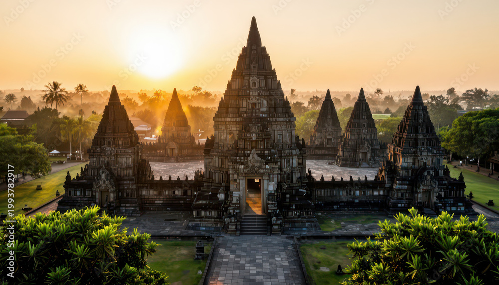 Fototapeta premium an ancient temple structure with distinct pyramidal shapes at sunrise. Surrounding the temple, lush greenery and palm trees provide a picturesque landscape.