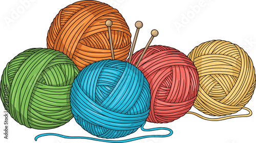 Colorful Yarn Balls Collection with Knitting Needles Isolated on White Background for Craft and Hobby Design