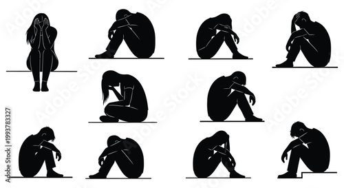A collection of nine black silhouettes depicting individuals in poses of sadness grief and despair a poignant silhouette high quality