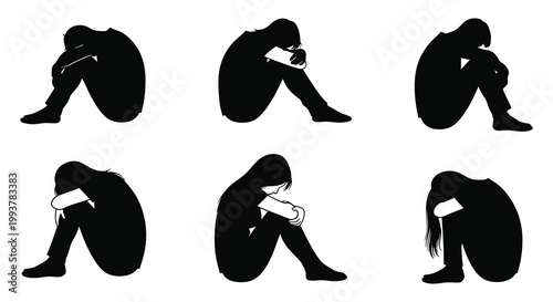 Six figures are depicted in a seated despondent posture exhibiting signs of sadness and isolation a stark silhouette high quality