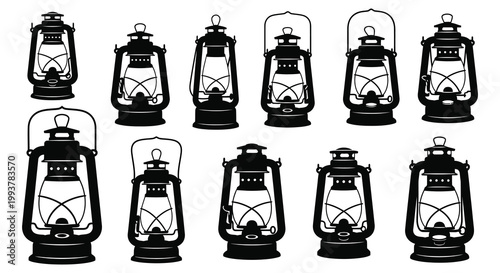 A collection of vintage kerosene lanterns depicted in a stark black style presented as a detailed silhouette high quality professional modern