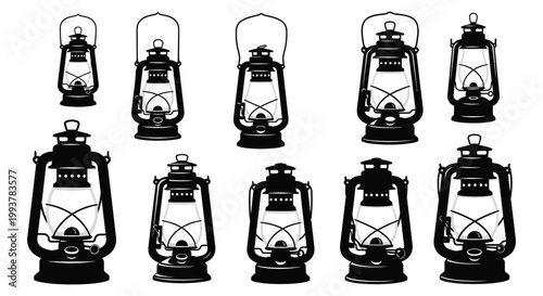 A collection of vintage kerosene lanterns arranged in a grid presented as a stark black silhouette high quality professional detailed modern