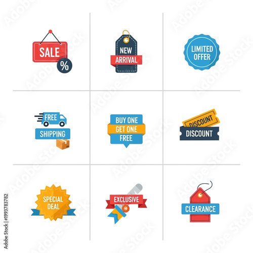 Shopping Discount Icons: Sale, New Arrival, Limited Offer, Free Shipping, BOGO