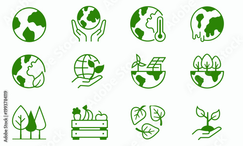 recycling collection thermometer icon set healthy living solar panel global warming eco