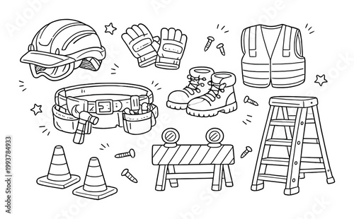 Construction safety gear and tools with ladder and cones