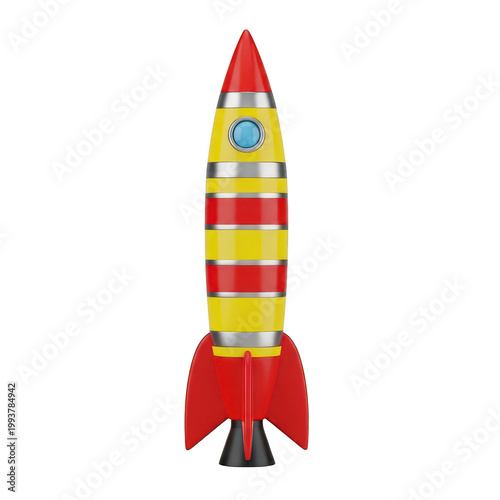 Colorful cartoon rocket ascending into space with vibrant stripes and a pointed nose isolated png