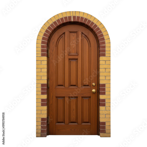 Elegant wooden arched door with decorative frame and brass handles isolated png