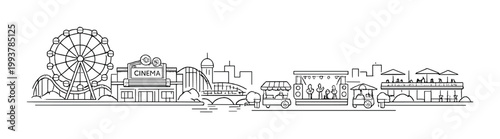 Ferris wheel and cinema with outdoor stage on waterfront promenade