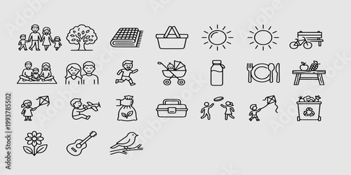 icon set collection of outdoor family picnic activities featuring nature elements, leisure park symbols, kite flying, and relaxed weekend lifestyle line art.