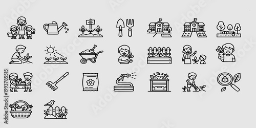 icon set collection of school garden education icons illustrating children learning biology, planting vegetables at school, and teachers guiding nature studies.