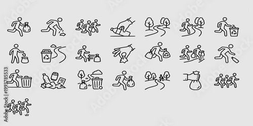 icon set collection of plogging and community cleanup icons showing people running, jogging, and picking up litter in parks and trails.