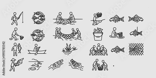 icon set collection of mass catching and removal of invasive suckermouth catfish featuring communal netting, trapping, and ecosystem restoration from pest fish species.