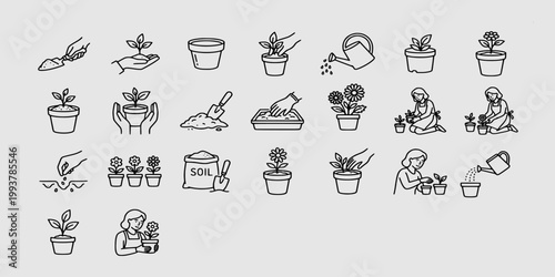 icon set collection of home gardening and potted plant care icons showing indoor planting, repotting, watering, and floral maintenance steps.