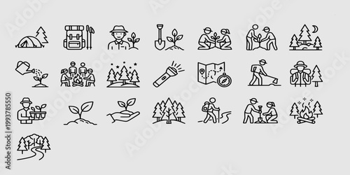 icon set collection of reforestation and forest camping icons depicting tree planting, hiking gear, campfire, and environmental conservation in the wilderness.