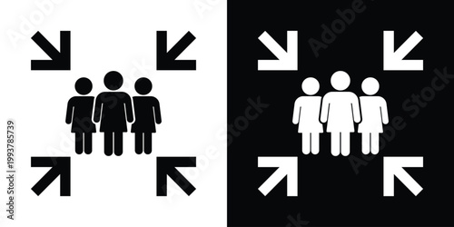 Group of people women silhouette icon with directional arrows focusing on the team. Represents leadership, collaboration, target audience, or collective focus. High-quality vector illustration.