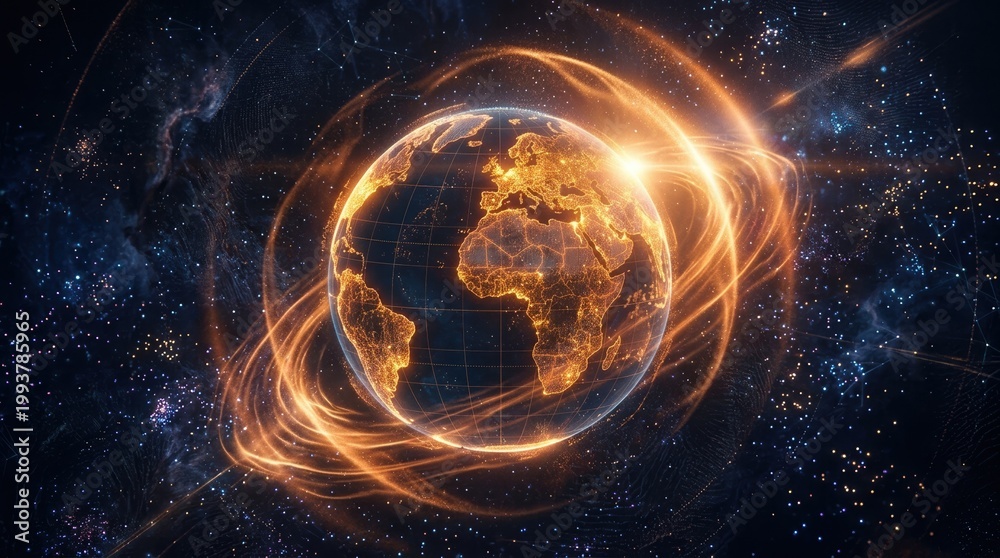 Obraz premium Glowing orange and gold digital earth hologram with radiant energy waves on a dark, textured background. This stunning visual