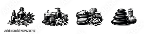 Spa and wellness elements in black and white vector style with floral decorations