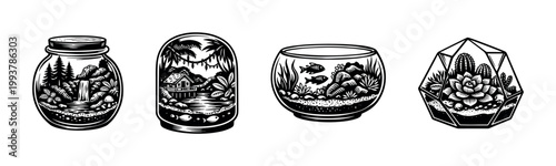 Black and white terrarium and aquarium vector illustrations featuring plants and landscapes