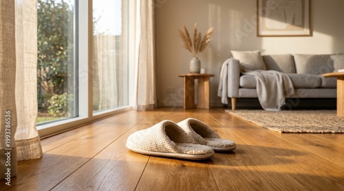 Pair of soft white home slippers resting on a polished hardwood floor in a sun-drenched minimalist living room. The scene is