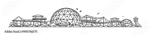 Geodesic dome complex with bridges and waterfront structures