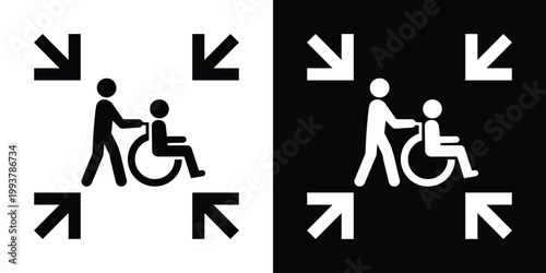 Assisted living icon showing a person pushing a wheelchair with converging arrows. Represents patient care, medical support, healthcare services, and dedicated assistance for the disabled.