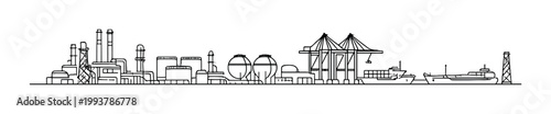 Industrial port with refinery and container cranes at shoreline