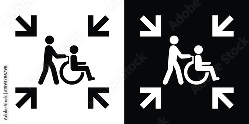 Assisted living icon showing a person pushing a wheelchair with converging arrows. Represents patient care, medical support, healthcare services, and dedicated assistance for the disabled.