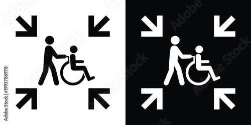 Assisted living icon showing a person pushing a wheelchair with converging arrows. Represents patient care, medical support, healthcare services, and dedicated assistance for the disabled.