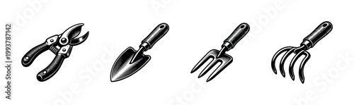 Black and white vector illustration of gardening tools including trowel fork pruning shears and cultivator