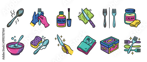Colorful collection of hand-drawn icons showing the process of cleaning, washing, and polishing silverware and cutlery for household maintenance and care