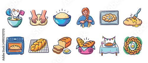 Set of colorful hand-drawn icons showing the step-by-step process of baking traditional braided challah bread from kneading dough to serving on a festive holiday table