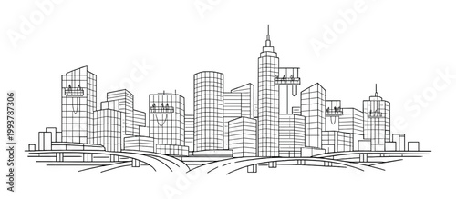 City skyline with suspended window platforms and overpass