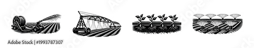 Agricultural irrigation systems, black and white vector illustrations, sprinkler and drip elements