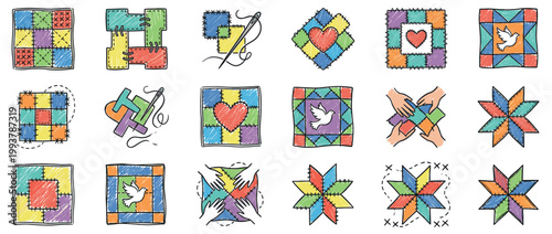 Colorful hand-drawn set of patchwork icons and quilting elements in a doodle sketch style showing various quilt blocks, sewing stitches, and symbols of love and peace
