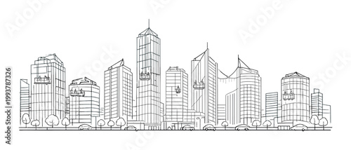 City skyline with suspended window platforms and street traffic