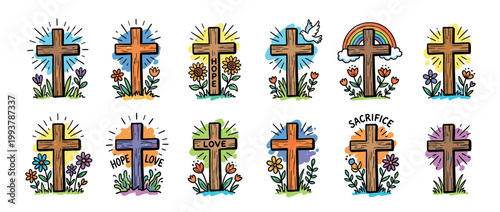 Collection of twelve hand-drawn wooden crosses decorated with flowers, a dove, and a rainbow, representing faith, hope, love, and sacrifice in a colorful doodle style