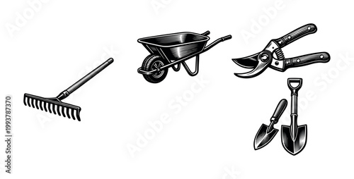 Vintage gardening tools illustration featuring wheelbarrow and pruning shears in black and white vector style
