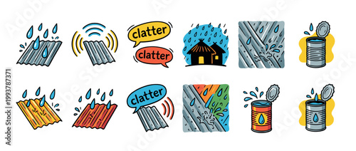 Colorful cartoon icon set illustrating rain on a corrugated metal roof, the clatter sound it makes, a house during a downpour, and collecting water in a tin can