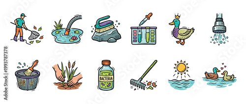 Collection of colorful pond maintenance icons showing cleaning tools, water testing, plants, and wildlife in a hand-drawn cartoon doodle style for garden care concepts