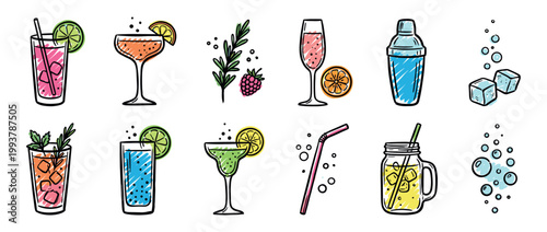Hand-drawn colorful cocktail and drink icons collection with various glasses, a shaker, ice, fruit, and herb garnishes in a fun, sketchy doodle style for a summer bar menu