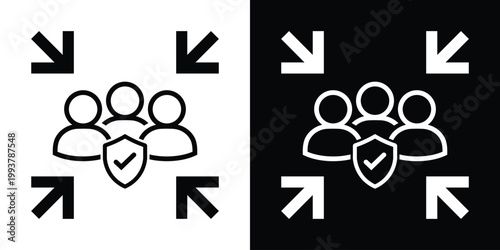 Team security icon with a shield and checkmark, surrounded by inward arrows. Symbolizes data protection, verified safety, team integrity, and corporate cybersecurity for business workflows.