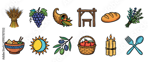 Collection of colorful hand-drawn harvest icons including a cornucopia, wheat, grapes, bread, and apples representing abundance, food, and thanksgiving celebration symbols