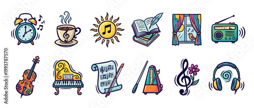 Colorful set of music and lifestyle icons featuring a piano, violin, radio, headphones, and coffee cup in a charming hand-drawn doodle illustration style