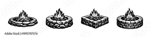 Quadro su tela Hand-drawn fire pit illustrations, brick and stone styles, vector clipart elemen