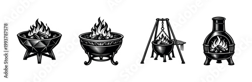 Vintage black and white fire pit illustration set showing various designs ideal for graphic use